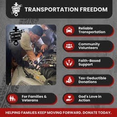 Volunteers work on a car engine, promoting transportation freedom for families and veterans through community support and donations.